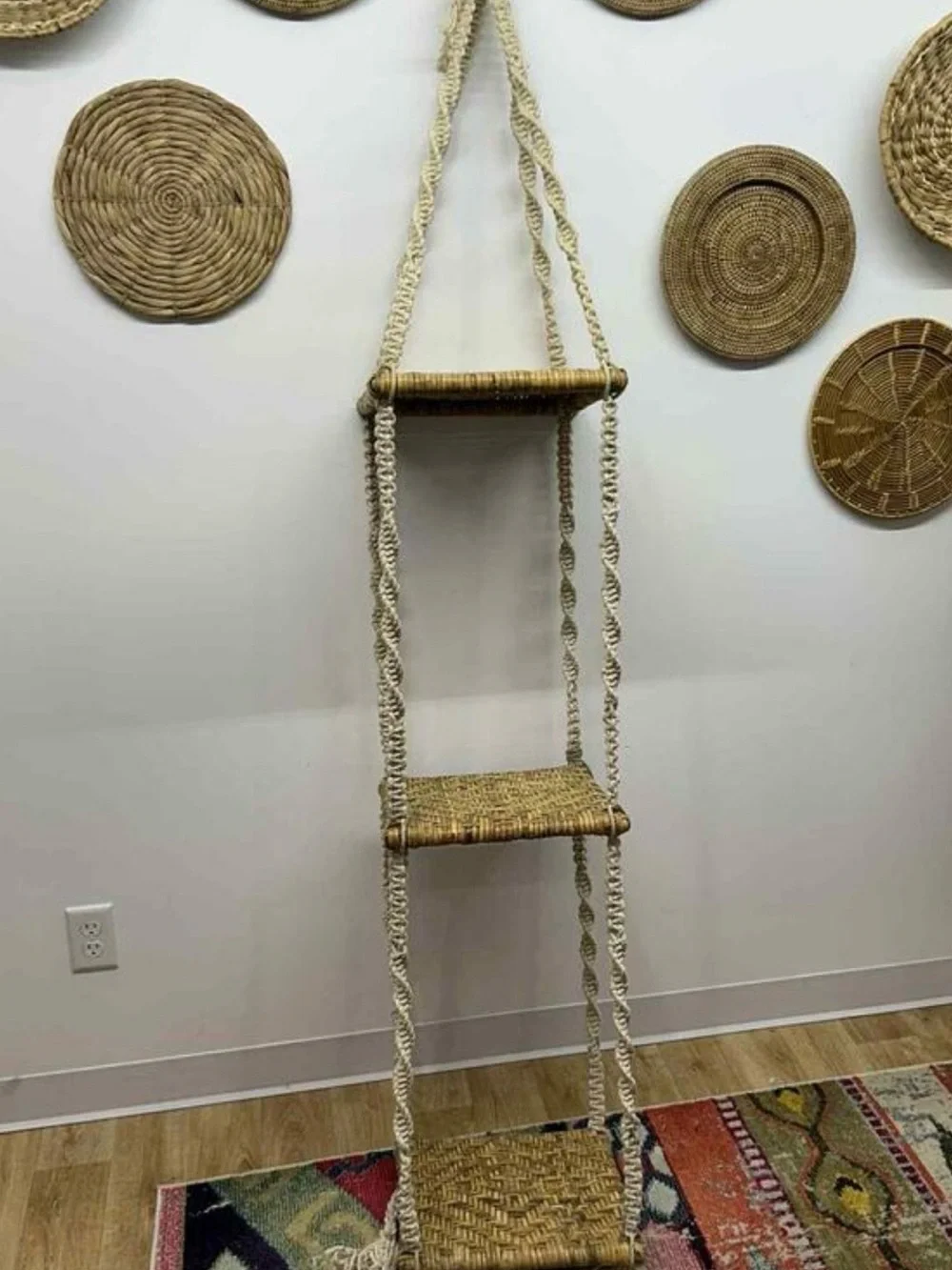 Vintage Cream Rope and Natural Wicker Hanging Shelf